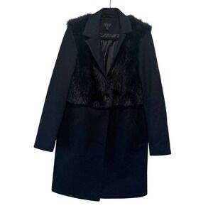 Topshop Wool Blend Coat Faux Fur Overlay Tailored Jacket Women's‎ US 8 Navy